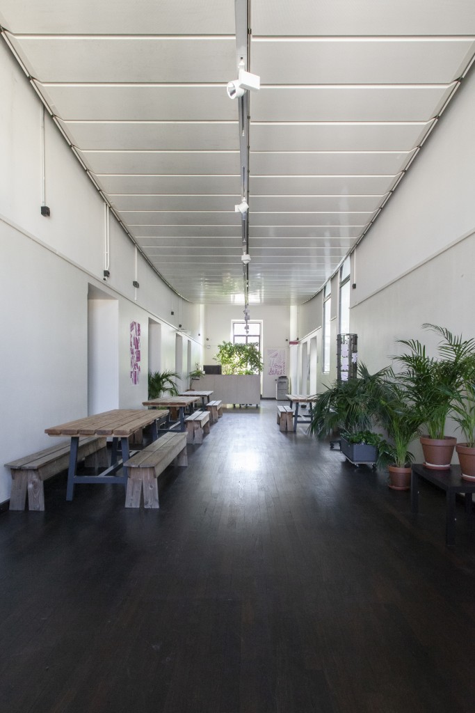 C'est une photo  du foyer du 2e étage de la maison des arts du Grütli. Le foyer est très lumineux avec des bancs et des tables en bois ainsi que des plantes vertes.