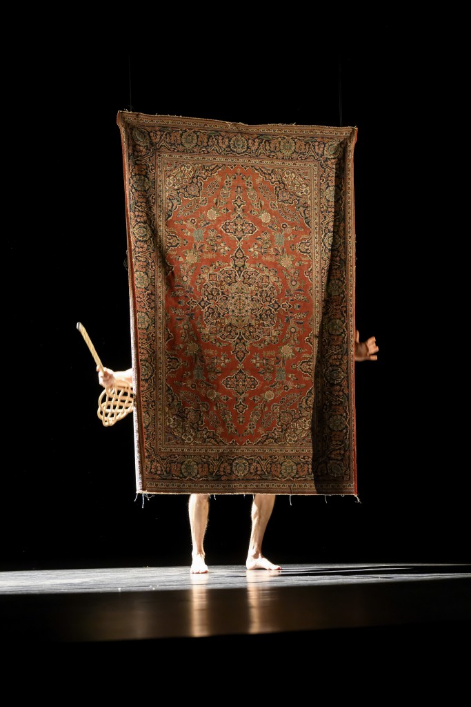 Une personne cachée derrière un tapis. On voit ses pieds et une main avec le batteur de tapis..