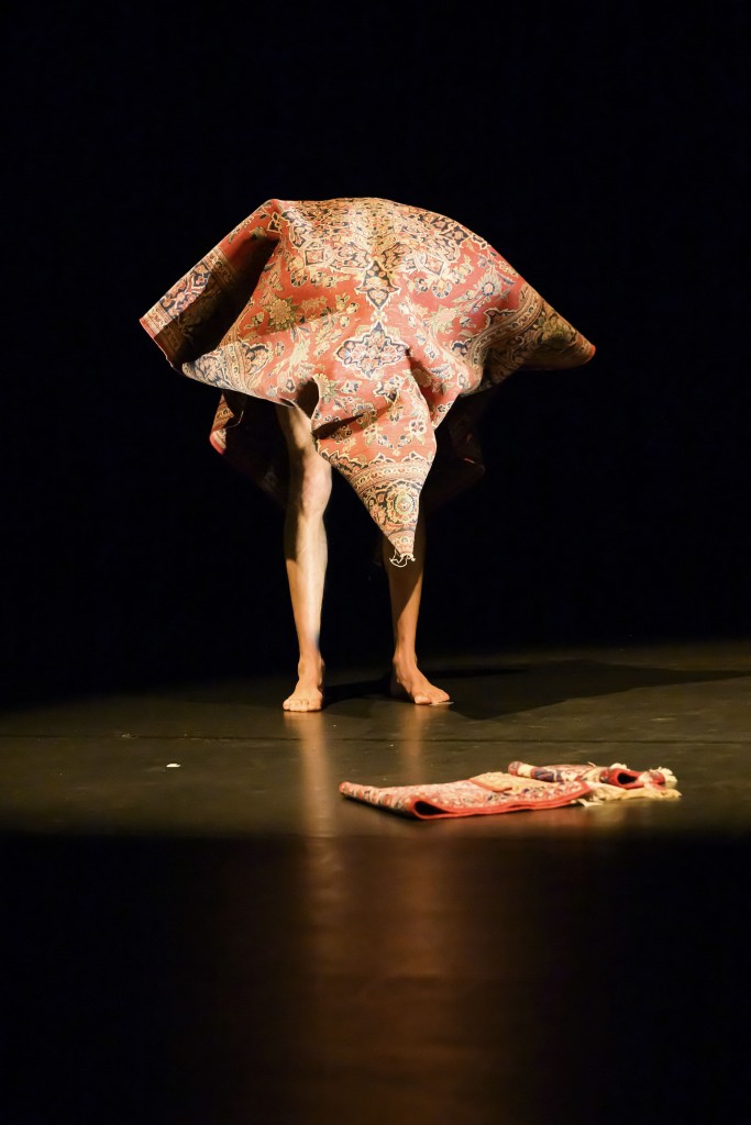 Une personne sous un tapis. On voit qu'un bras et ses jambes. La personne semble être nue sur le tapis.