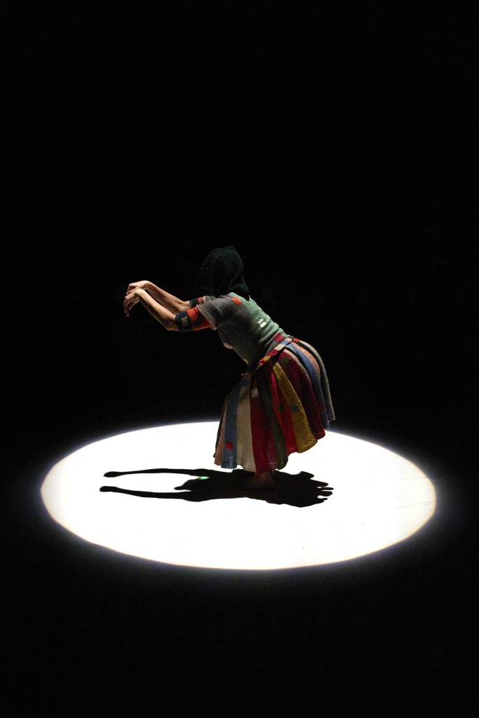 C'est une photo de Caroline de Cornière en train de danser elle est un peu dans le noir on ne voit pas son visage. Elle porte une robe de differents couleurs. Elle a ses bras devant un peu pliés.