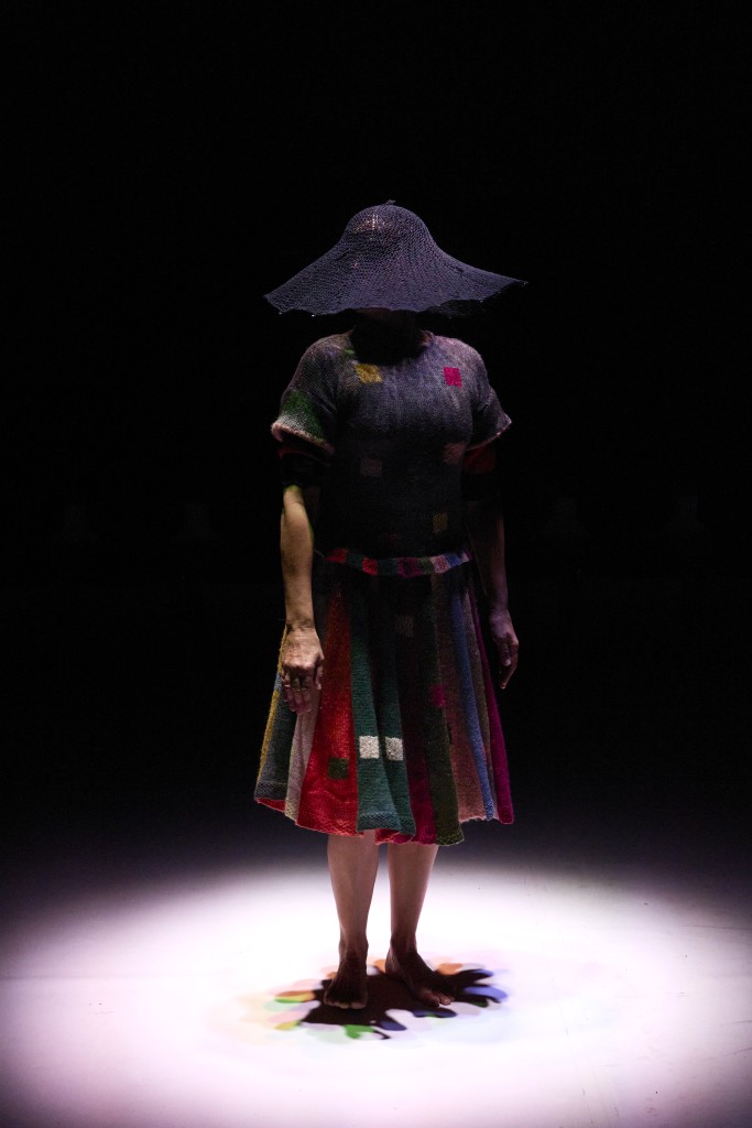 C'est une photo de Caroline de Cornière mais on ne voit pas son visage, il est couvert d'un chapeau noir. Elle porte une robe colorée.