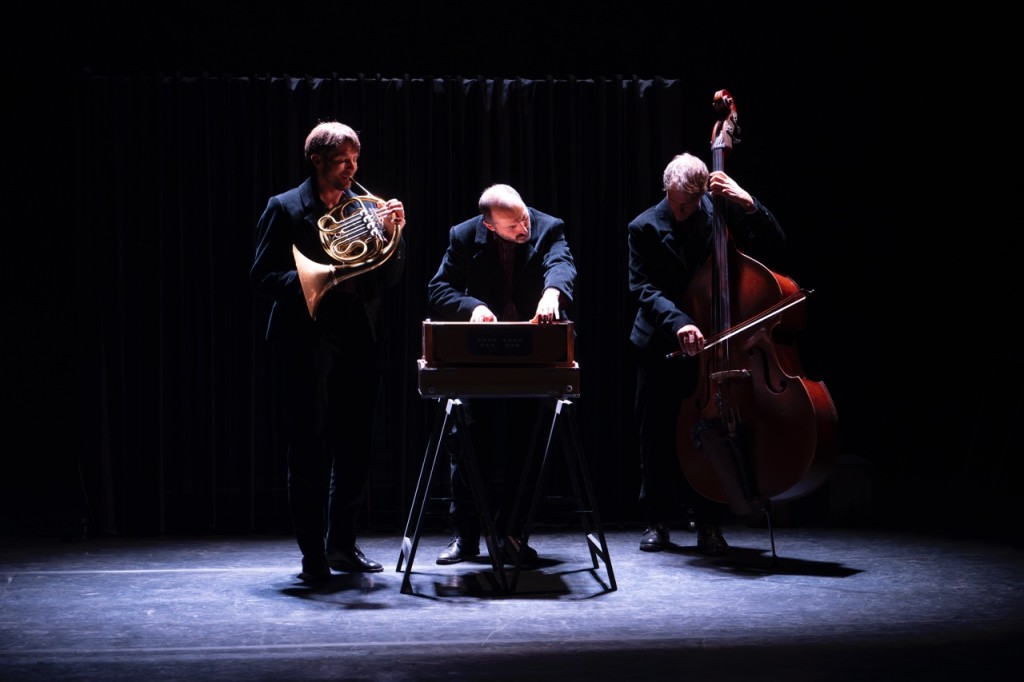 Trois personne en train de jouer (de gauche à droite) : la trombe, un petit piano et la contre basse. Ces personnes sont bien habillées. Il y a pas beaucoup de lumière.